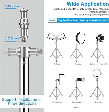 Stainless Steel Light Stand 280cm Heavy Duty Photo Studio Light Stand Stainless Steel Light Stand 280cm Heavy Duty Photo Studio Light Stand